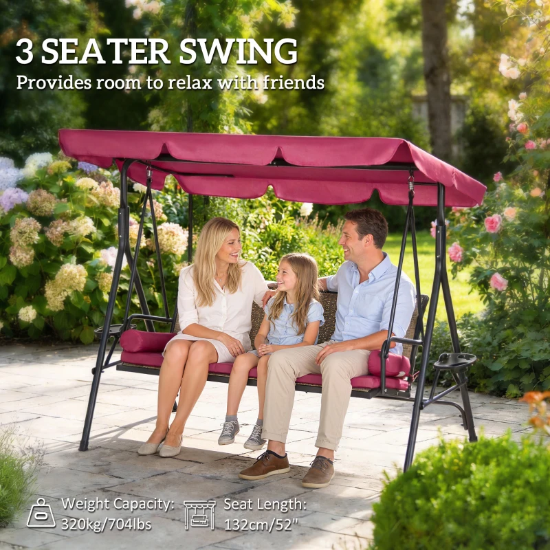 Outsunny Outdoor 3-Seat Porch Swing with Canopy, Rattan Seat, Removable Cushion, Pillows and Steel Frame