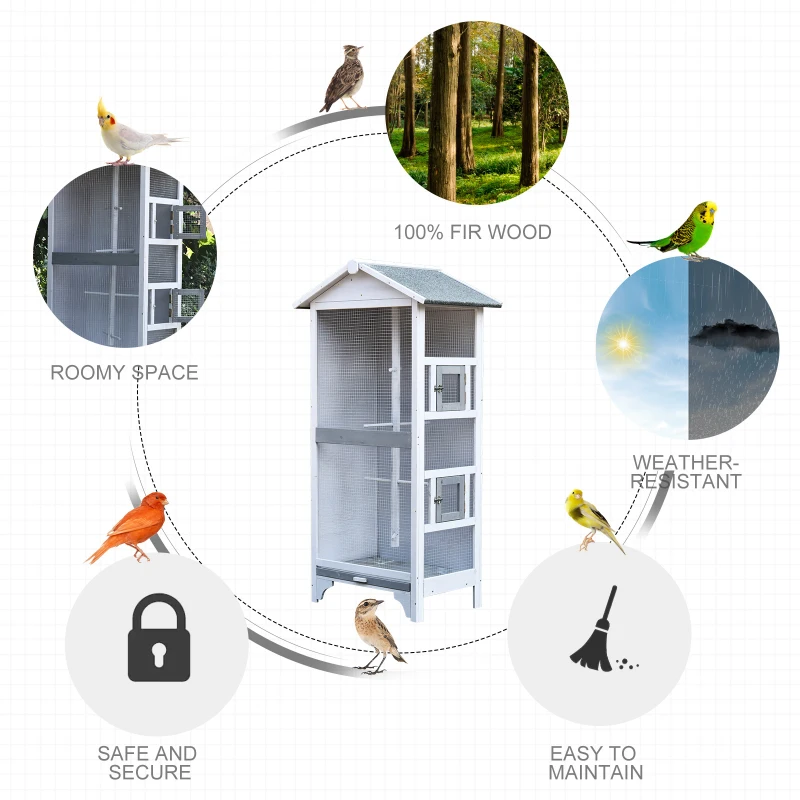 PawHut 60" Wooden Outdoor Bird Cage for Finches, Parakeet, Large Bird Cage with Removable Bottom Tray 4 Perch, Light Gray
