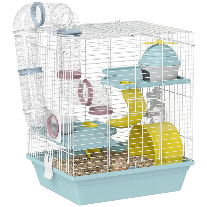 PawHut 3-Level Hamster Cage with Exercise Wheel, Play Tube, Water Bottle, Food Dish, Hut, Ladder, Blue