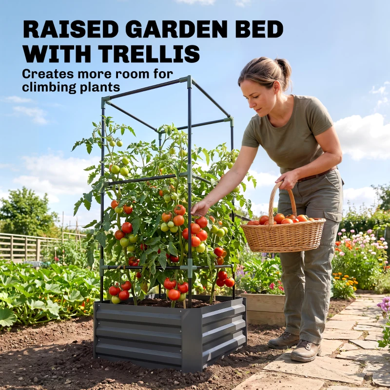 Outsunny Galvanized Planter Box, 24" x 24" x 55" Raised Garden Bed with Tomato Cage for Climbing Vines, Dark Gray