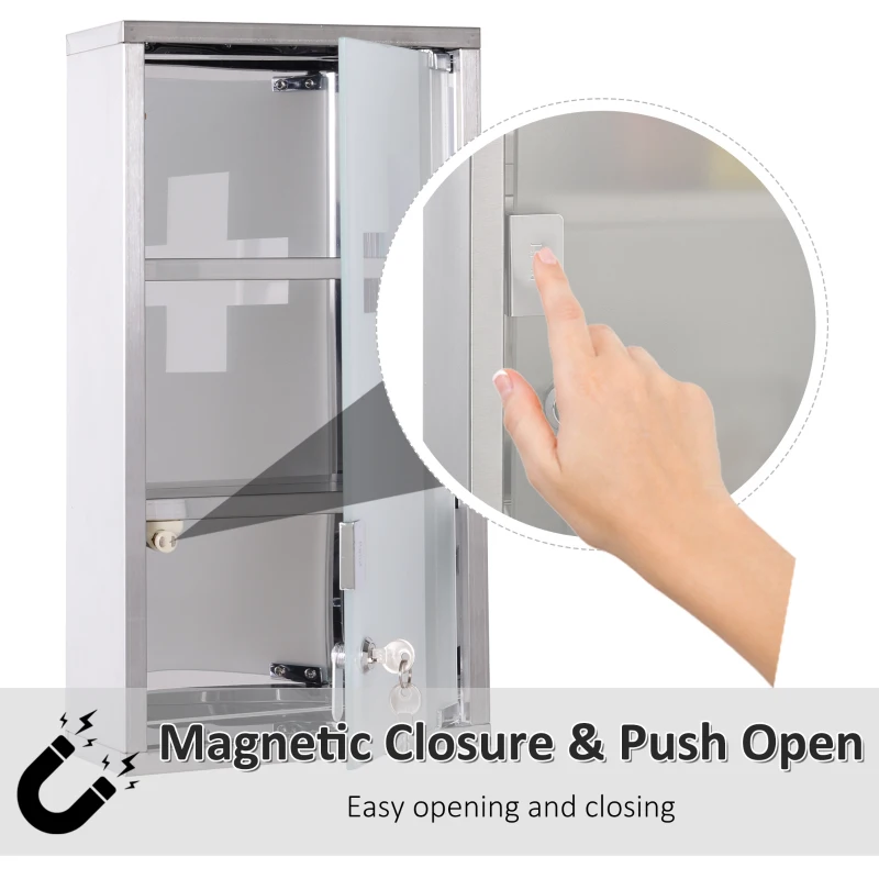 HOMCOM Wall Mount Medicine Cabinet Bathroom Cabinet with 2 Shelves, Stainless Steel Frame and Glass Door, Lockable with 2 Keys