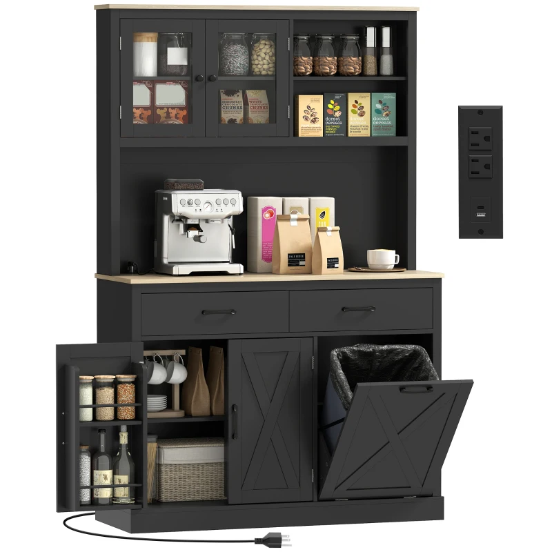 HOMCOM 69" Kitchen Pantry Cabinet with Charging Station Kitchen Cabinet with Microwave Stand 7 Gallon Trash Can Cabinet Black