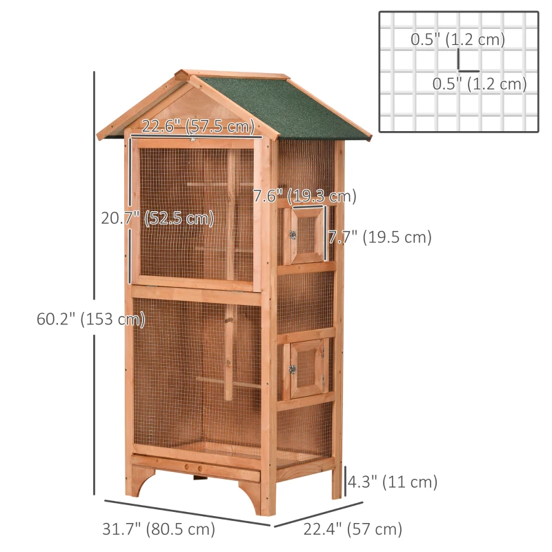 PawHut Wooden Bird Aviary Parrot Cage Pet Furniture with Removable Bottom Tray, 2 Doors, Asphalt Roof, 4 Perches, Orange