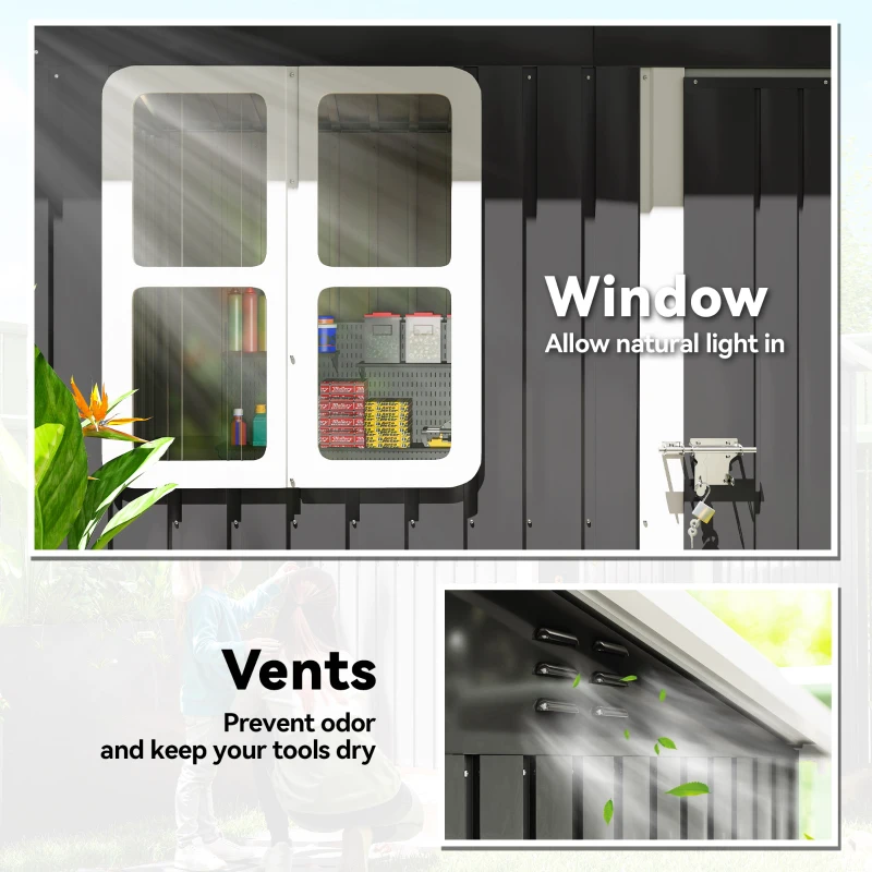 Outsunny 7' x 4' Galvanised Steel Outdoor Storage Shed, Garden Shed with Window, Lockable Wide Door and Air Vents, Dark Grey