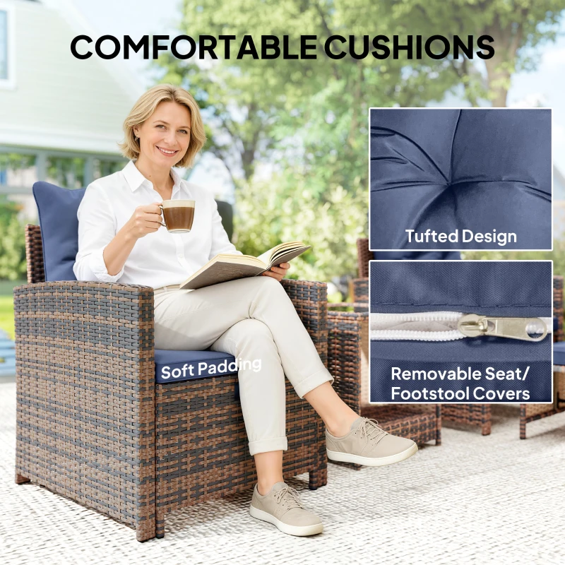 Outsunny 5 Piece Patio Furniture Set, Wicker Patio Chairs with Ottomans, 2-Tier Glass Coffee Table and Cushions, Brown/Dark Blue