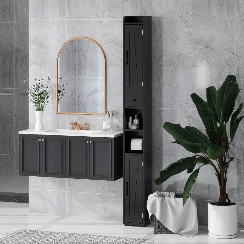 HOMCOM Narrow Bathroom Cabinet, Tall Bathroom Storage Cabinet with Barn Doors, Drawer and Adjustable Shelves, Black Wood Grain