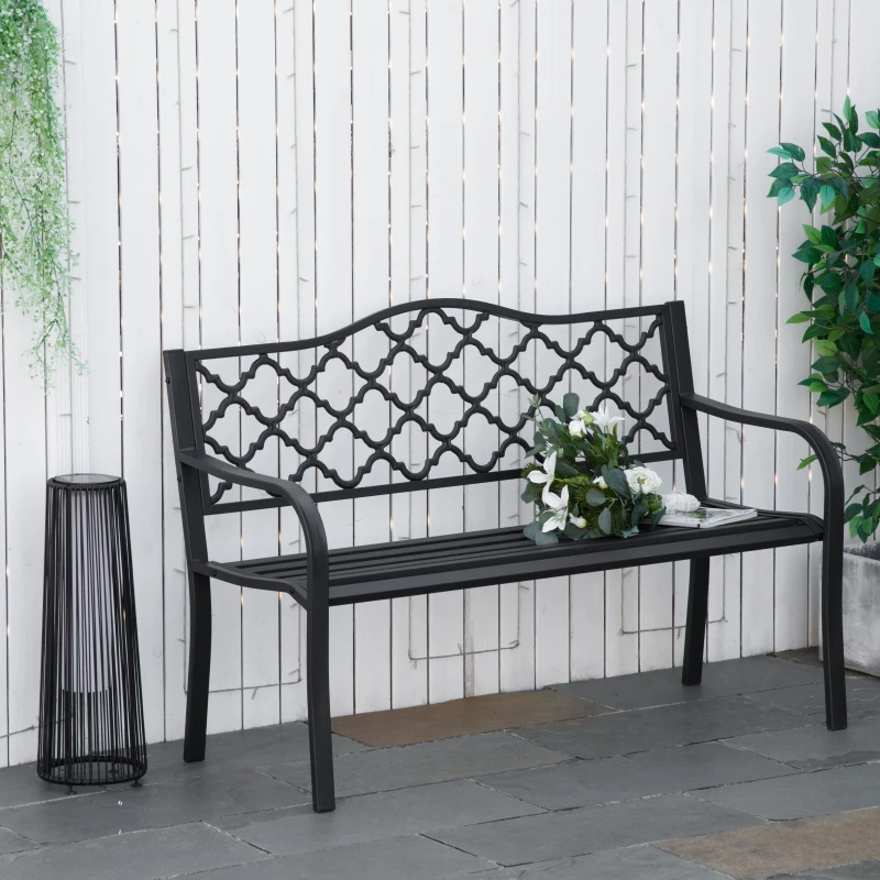 Outsunny 2-Seater Steel Garden Bench, Antique Outdoor Loveseat with Armrests and Chic Backrest for Yard, Lawn, Patio, Black