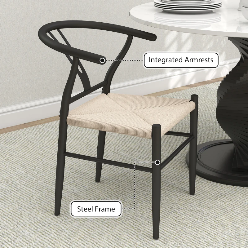 HOMCOM Set of 2 Weave Dining Chairs, Mid-Century Modern Dining Room Chairs with Y-Shaped Backrest and Hemp Seat, Black