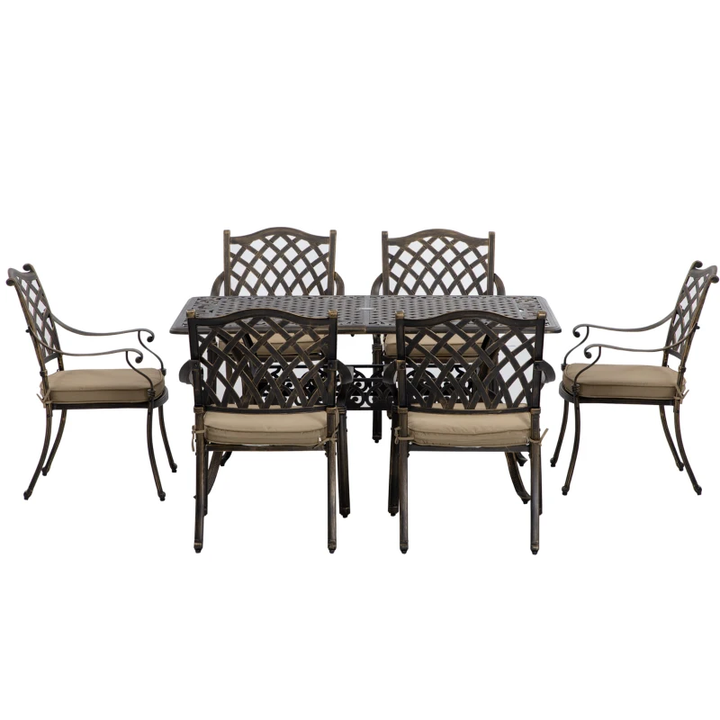 Outsunny 7 Pieces Patio Dining Set with Umbrella Hole, Cast Aluminum Outdoor Patio Furniture Set with 6 Cushioned Chairs and Rectangle Dining Table, for Garden, Lawn, Deck, Khaki