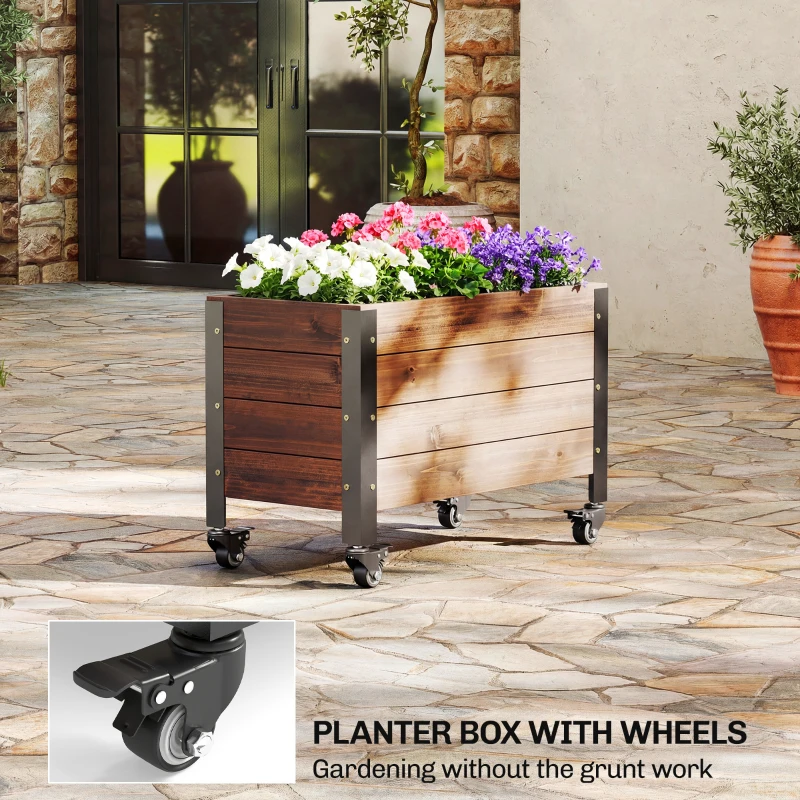 Outsunny Raised Garden Bed with Wheels & Drainage Holes, Outdoor Planter Box with Liner for Patio Balcony
