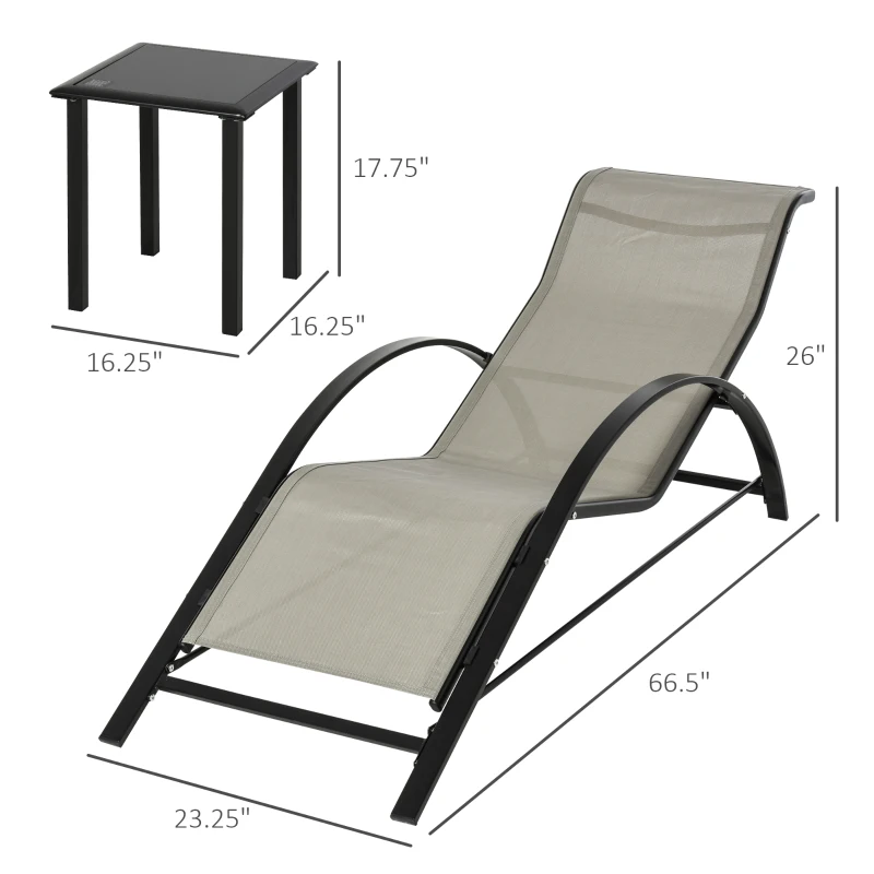 Outsunny 3 Pieces Outdoor Lounge Chair Set, 2 S-Shaped Lawn Chairs and a Glass Table for Patio, Yard, Grey