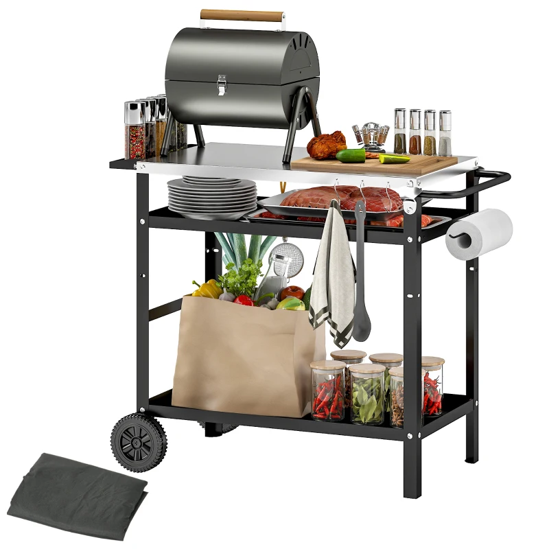 Outsunny BBQ Stand with Stainless Steel Top Adjustable Shelf, Outdoor BBQ Station with Hooks Seasoning Tray Towel Rack