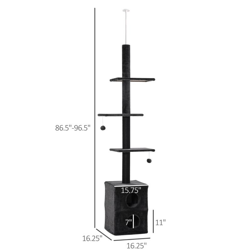 PawHut Cat Tree Floor to Ceiling Condo w/ Jute Scratching Post Dangling Ball Adjustable 86.5" H -96.5" H, Grey