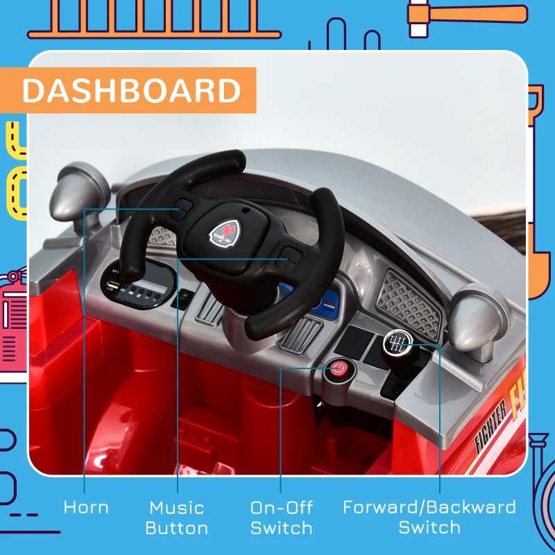 Aosom Kids Ride-On Car Fire Truck, 6V 7AH Battery Powered Fire Car with Parental Remote Control, Safety Belt, Lighting, Working Steering Wheels, Horn and Lift Ladder (Red)