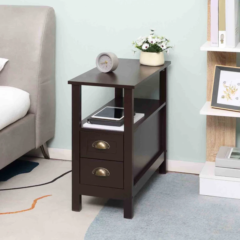 HOMCOM Slim End Table with 2 Drawers and Storage Shelf, Sofa Side Table for Living Room, Narrow Nightstand, Coffee