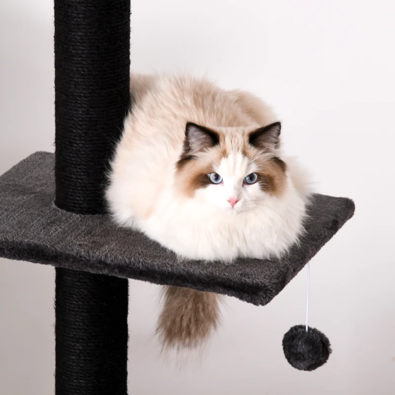 PawHut Cat Tree Floor to Ceiling Condo w/ Jute Scratching Post Dangling Ball Adjustable 86.5" H -96.5" H, Grey