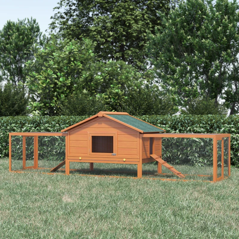 PawHut 122" Large Wooden Rabbit Hutch Bunny Hutch 2-Story Pet House Cage with Ramps, Lockable Doors, Run Area and Asphalt Roof for Outdoor Use, Natural