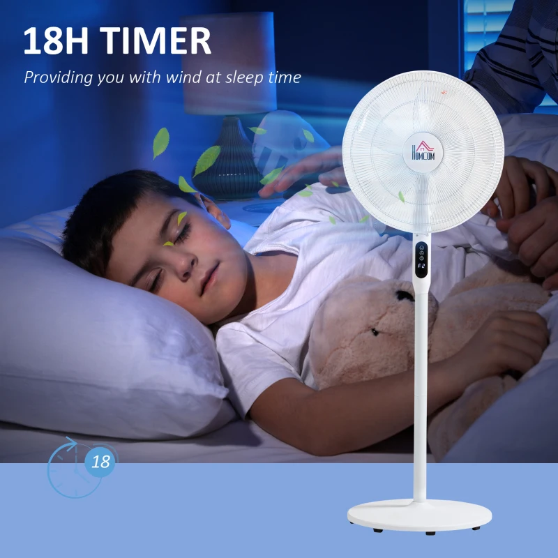 HOMCOM Floor Standing Fan with Remote Control, Oscillating, LED Screen, Stand Up Cooling Fan, Tall Pedestal Electric Fan for Home Bedroom, White