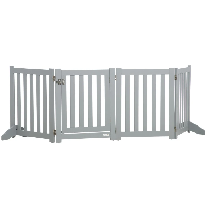 PawHut 23.5"H Foldable Dog Gate with Door, 4 Panels Freestanding Pet Gate Barriers Indoor with Support Feet, Puppy Fence for Dogs, Grey