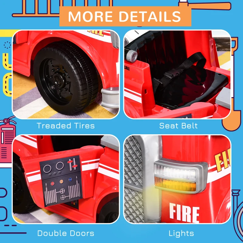 Aosom Kids Ride-On Car Fire Truck, 6V 7AH Battery Powered Fire Car with Parental Remote Control, Safety Belt, Lighting, Working Steering Wheels, Horn and Lift Ladder (Red)