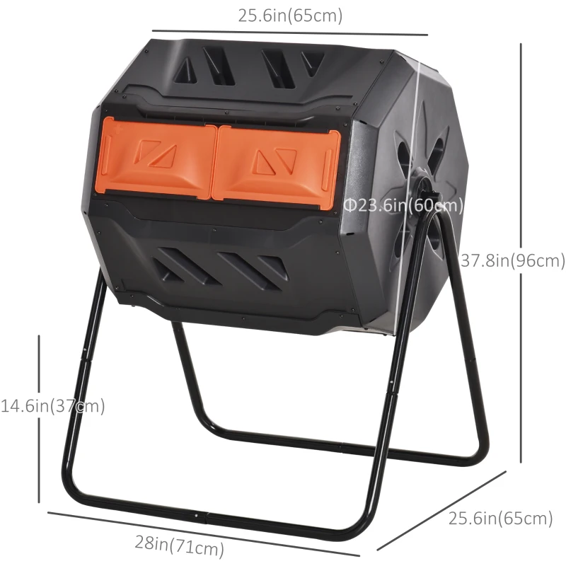Outsunny Tumbling Compost Bin Outdoor Dual Chamber 360° Rotating Composter 43 Gallon with Sliding Doors, Orange