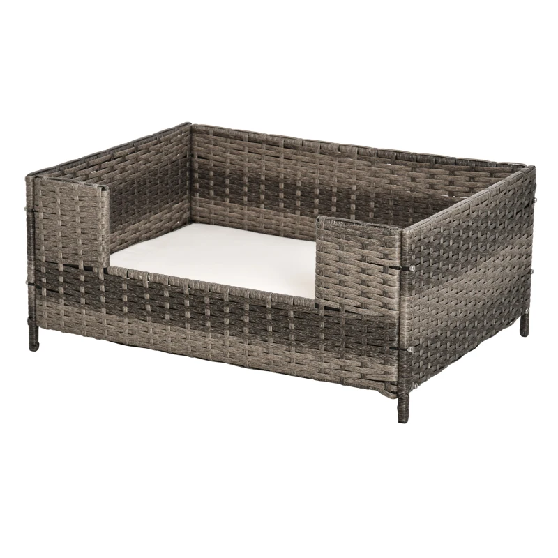 PawHut Rattan Pet Bed Raised Wicker Dog Sofa for Doggy and Cat Indoor & Outdoor with Soft Washable Cushion Grey