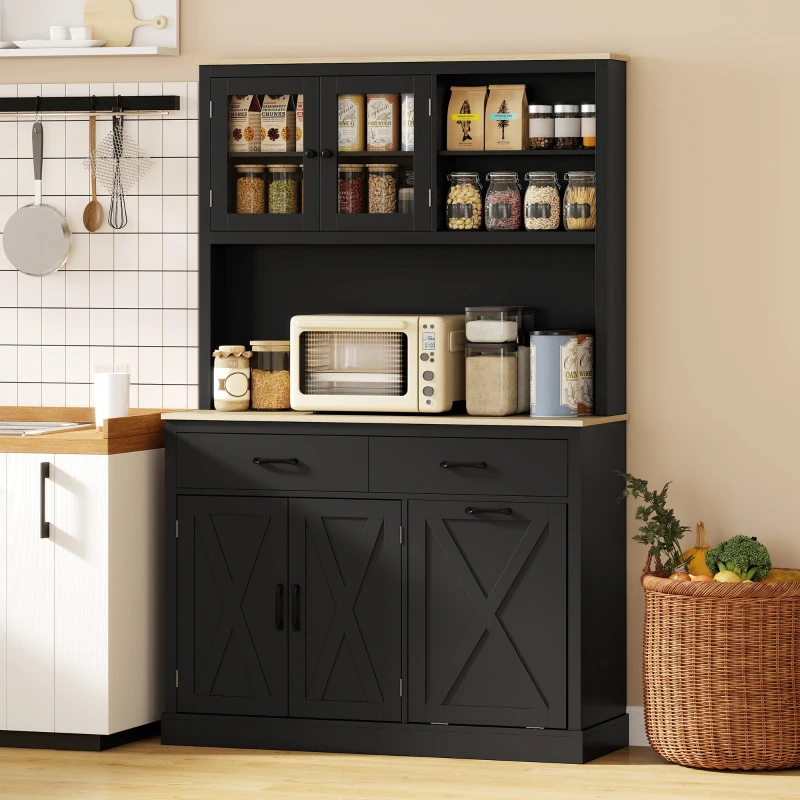 HOMCOM 69" Kitchen Pantry Cabinet with Charging Station Kitchen Cabinet with Microwave Stand 7 Gallon Trash Can Cabinet Black