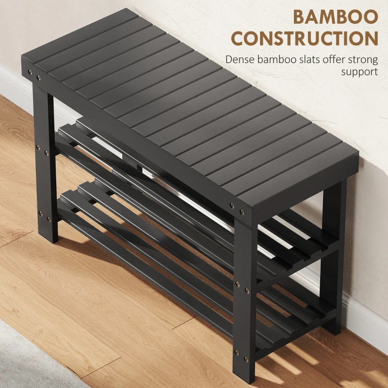 HOMCOM Bamboo Shoe Storage Bench, 3-Tier Entryway Bench with 2 Storage Shelves for Hallway, Holds 6 Pairs, Black