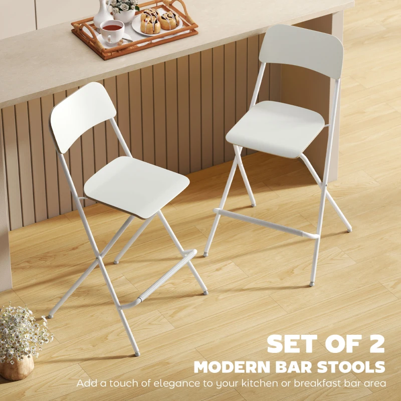 HOMCOM Folding Bar Stools Set of 2, Counter Height Foldable Stool with Wooden Effect Seat and Steel Frame for Kitchen, White