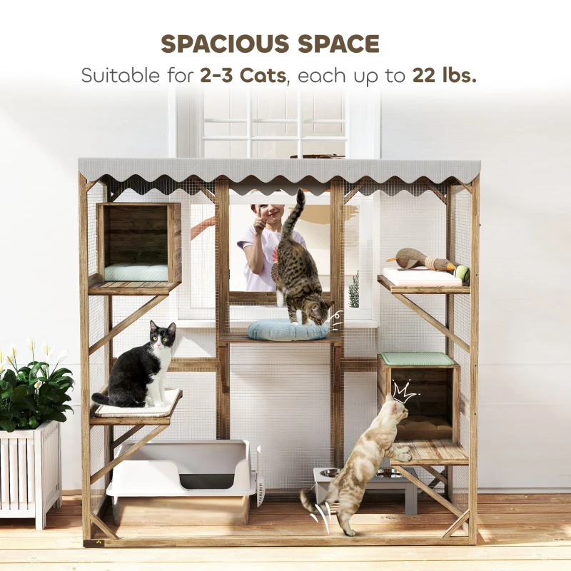 PawHut Outdoor Cat Enclosure with Window Access, 5 Platforms and 2 Resting Boxes, Waterproof Roof for Multiple Cats, Brown