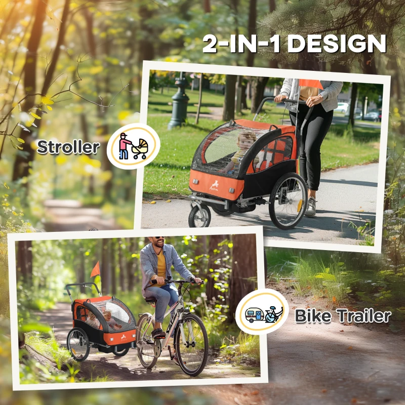 Aosom 2-in-1 Bike Trailer for Kids, Foldable 2-Seat Baby Stroller with 5-Point Harness, Rubber Wheels, Storage Bag, Orange