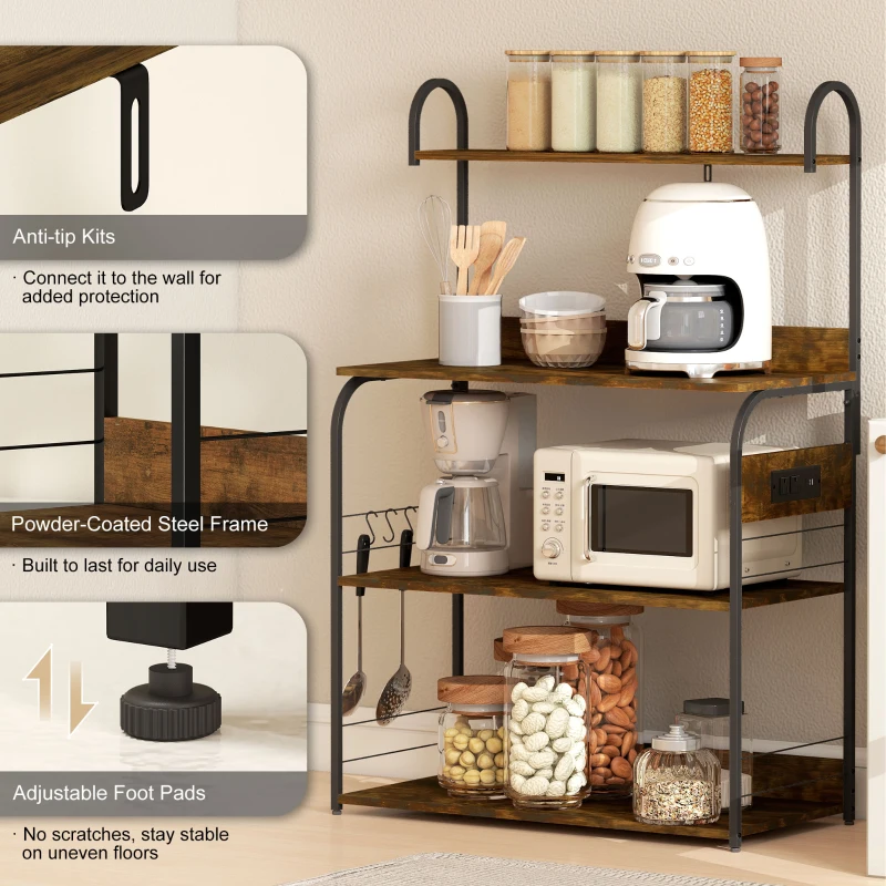 HOMCOM Baker's Rack with Charing Station, Microwave Shelf with Power Outlet, USB Charger and 4 Hooks, Rustic Brown