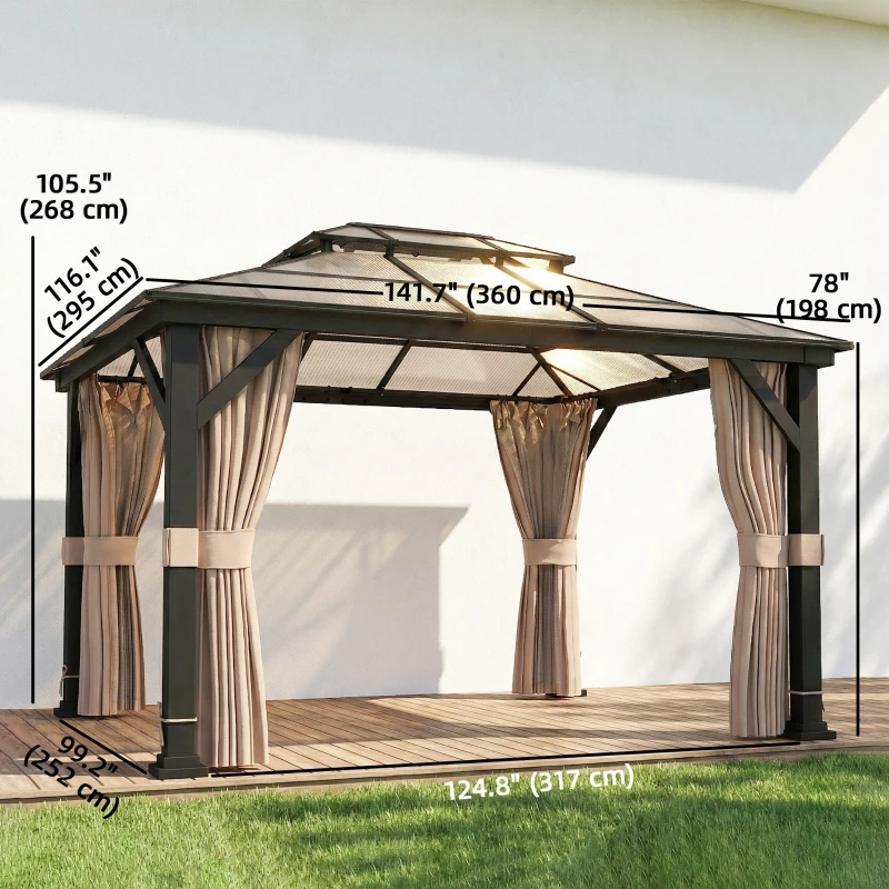 Outsunny 10' x 12' Hardtop Gazebo Canopy with Double PC Roof, Steel Permanent Outdoor Gazebo with Curtains and Netting, Khaki