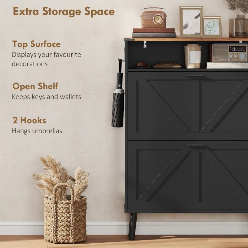 HOMCOM Shoe Storage Cabinet with 2 Flip Drawers, Farmhouse Narrow Shoe Cabinet, Holds Up to 16 Pairs, Black