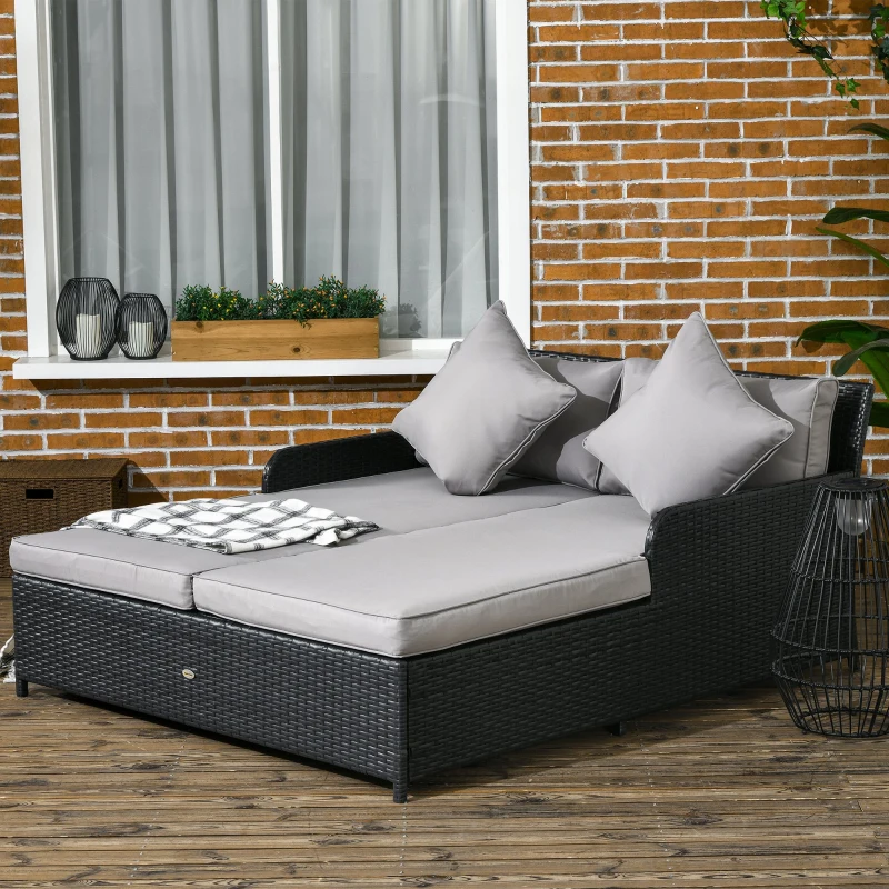 Outsunny Patio Rattan Double Lounge Daybed, Outdoor Wicker Armrests Chaise Lounge for 2-Person with Cushion & Pillow, Grey