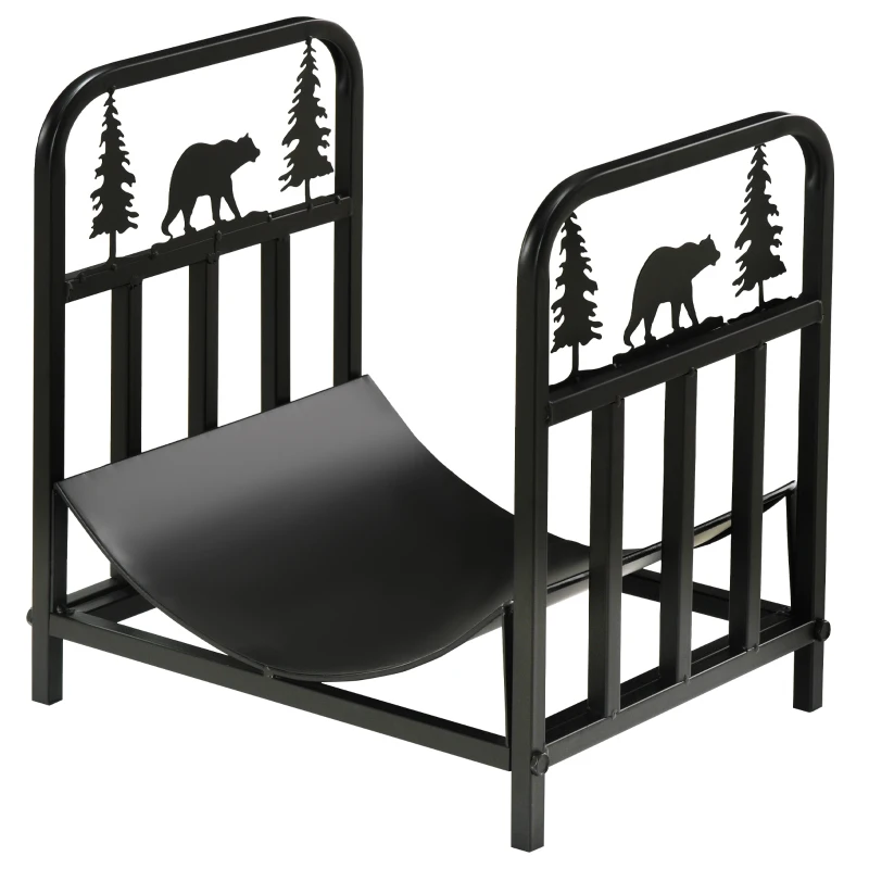 Outsunny Curved Firewood Rack with Bear and Pine Tree Design, 17 Inch Log Holder Storage Rack with 110 lbs. Capacity, Black