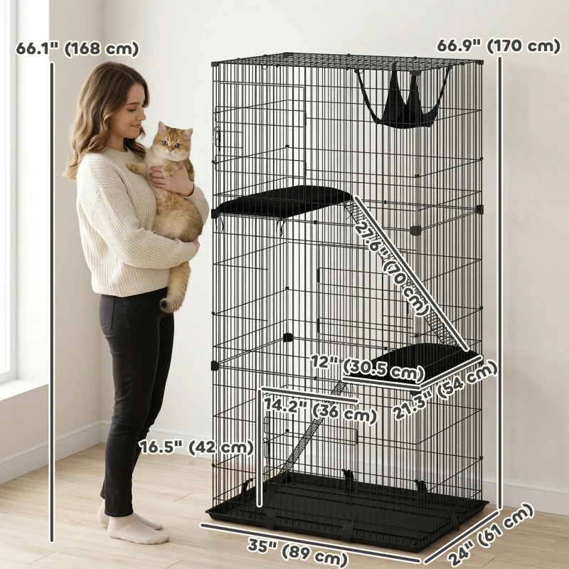 PawHut 3-Tier Cat Cage Indoor, Detachable Metal Wire Kennel withwith Hammock, Platform, Tray and Cushion for 1-2 Kittens