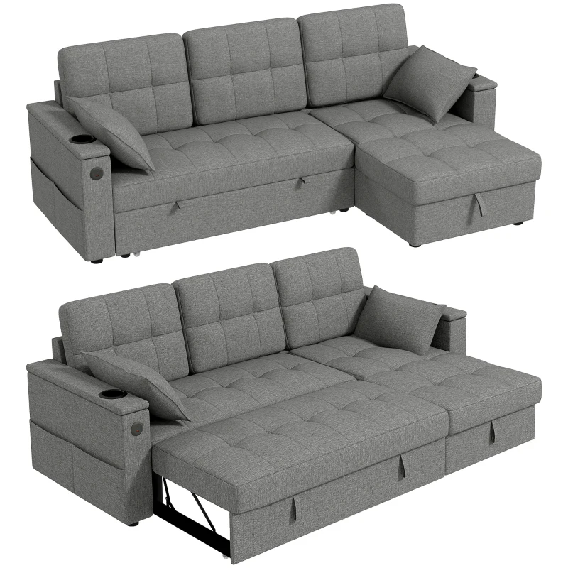 HOMCOM Convertible Sectional Sofa Bed, Pull Out Sleeper Sofa Couch with USB‑A+C, Chaise Storage, L-Shaped Futon Couch, Grey