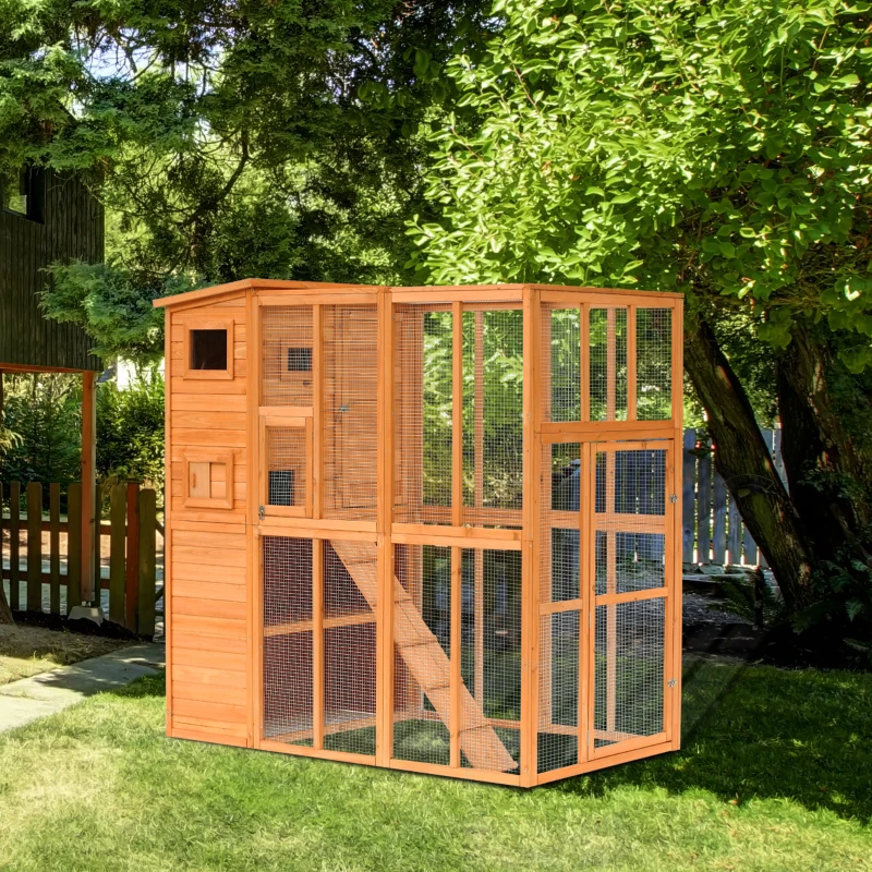 PawHut Outdoor Catio, Cat House Wooden Feral Cat Shelter, Cat Cage with Platforms, Waterproof Asphalt Roof, Ramps, 77" L, Natural