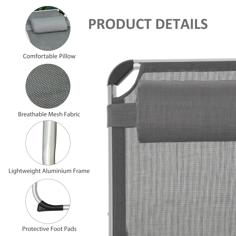 Outsunny Folding Lounge Chair, Aluminum Frame Tanning Chair, Patio Lounger with Headrest, 5-Level Adjustable Backrest, Grey