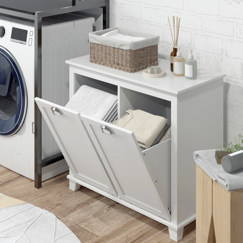 HOMCOM Tilt-Out Laundry Storage Cabinet, Bathroom Storage Organizer with Two-Compartment Tilt Out Hamper, White