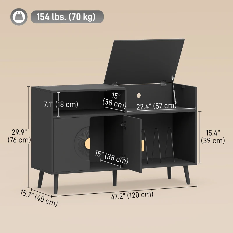 HOMCOM Record Player Stand with Power Outlets, Vinyl Record Holder with Storage Holds Up to 300 Albums, Black