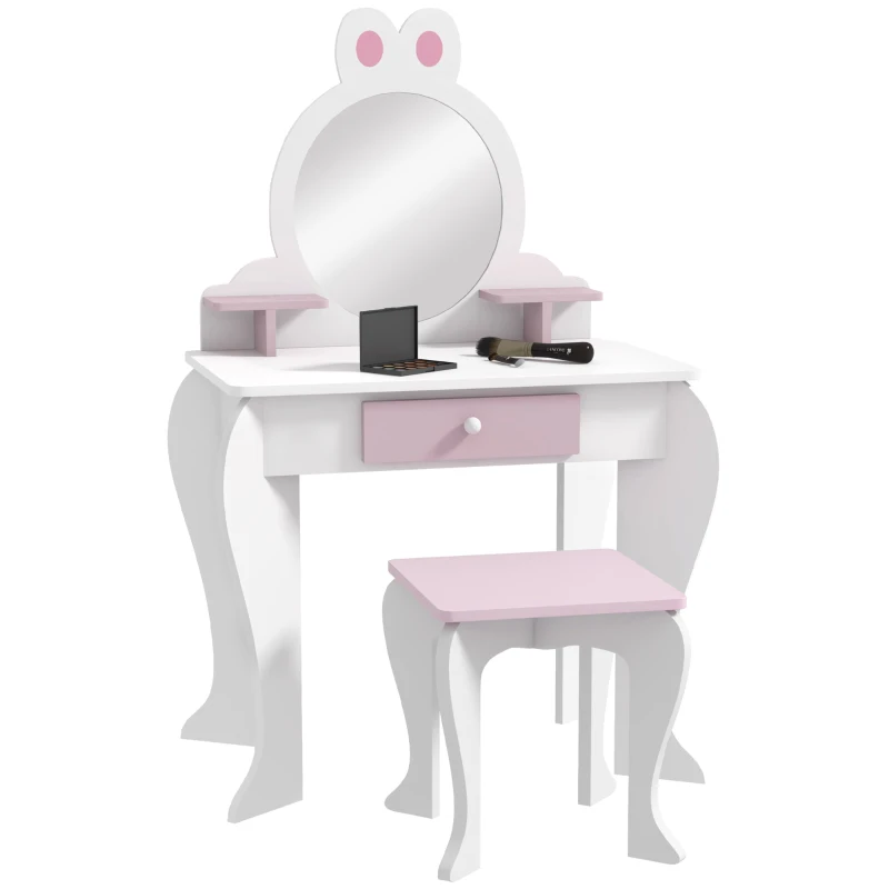 Qaba Kids Makeup Vanity Set with Stool, Mirror, Drawer, Storage Boxes, Rabbit Design, White