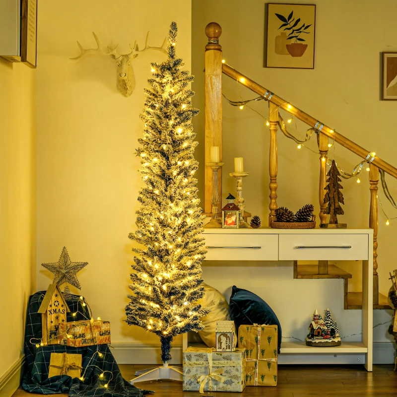 HOMCOM 6' Flocked Christmas Trees, Pencil Prelit Artificial Christmas Tree with Snow Branches, Blue
