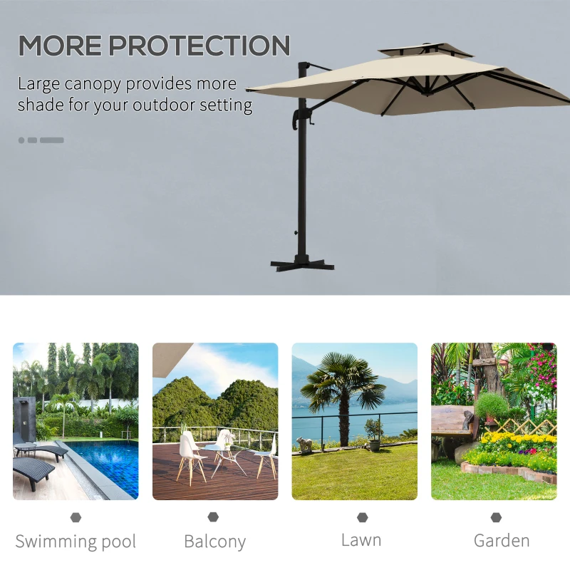 Outsunny 10ft Square Cantilever Patio Umbrella, 360° Rotating Overhanging Umbrella with Cross Base, Crank Handle, Khaki