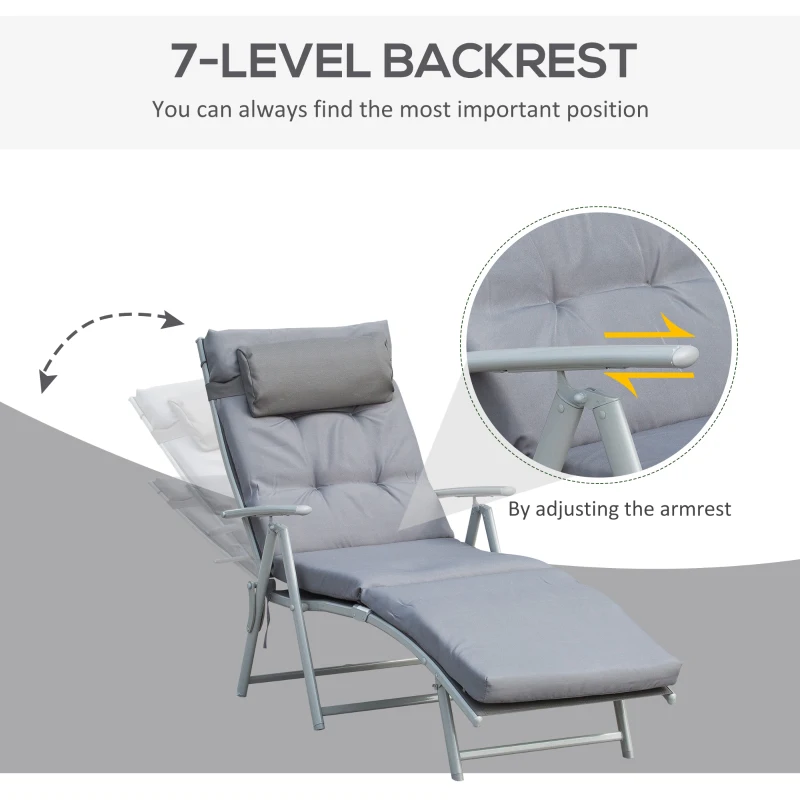 Outsunny Lounge Chair Outdoor, Folding Patio Chaise Lounger, 360 lbs 7-Position Adjustable Back Outdoor Recliner with Cushion, Headrest for Garden, Backyard, Poolside, Grey