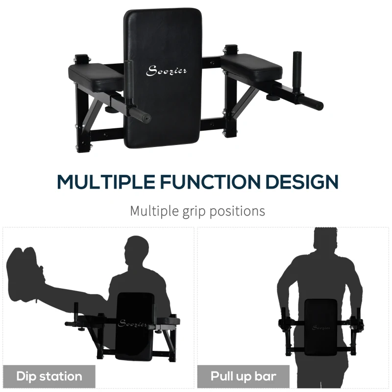 Soozier Wall Mounted Dip Station Multi-Function Power Tower Set Home Gym Pull Up Bar Chin Up Exercise Bar Knee Raise Triceps Leg