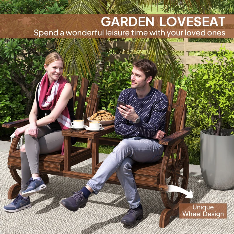 Outsunny Wooden Outdoor Loveseat, Wagon Wheel Outdoor Bench with Table, Carbonized
