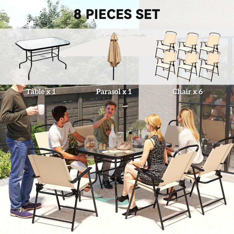 Outsunny 8 PCS Folding Patio Dining Set, Outdoor Bistro Set for 6, 47" Rectangle Table with 6 Folding Chairs, 7' Patio Umbrella with Crank, Outdoor Table Chair Set, Beige