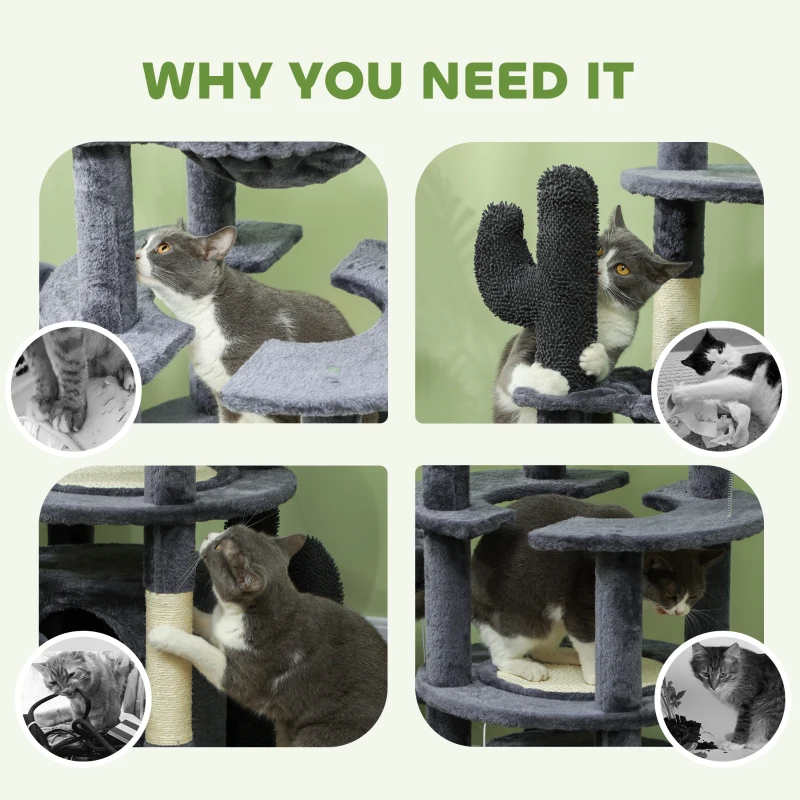 PawHut 71" Cat Tree, Cat Tower with Scratching Posts, Sisal Pad, Cat Condo, Bed, Hammock, Platforms, Toy Balls, Dark Grey